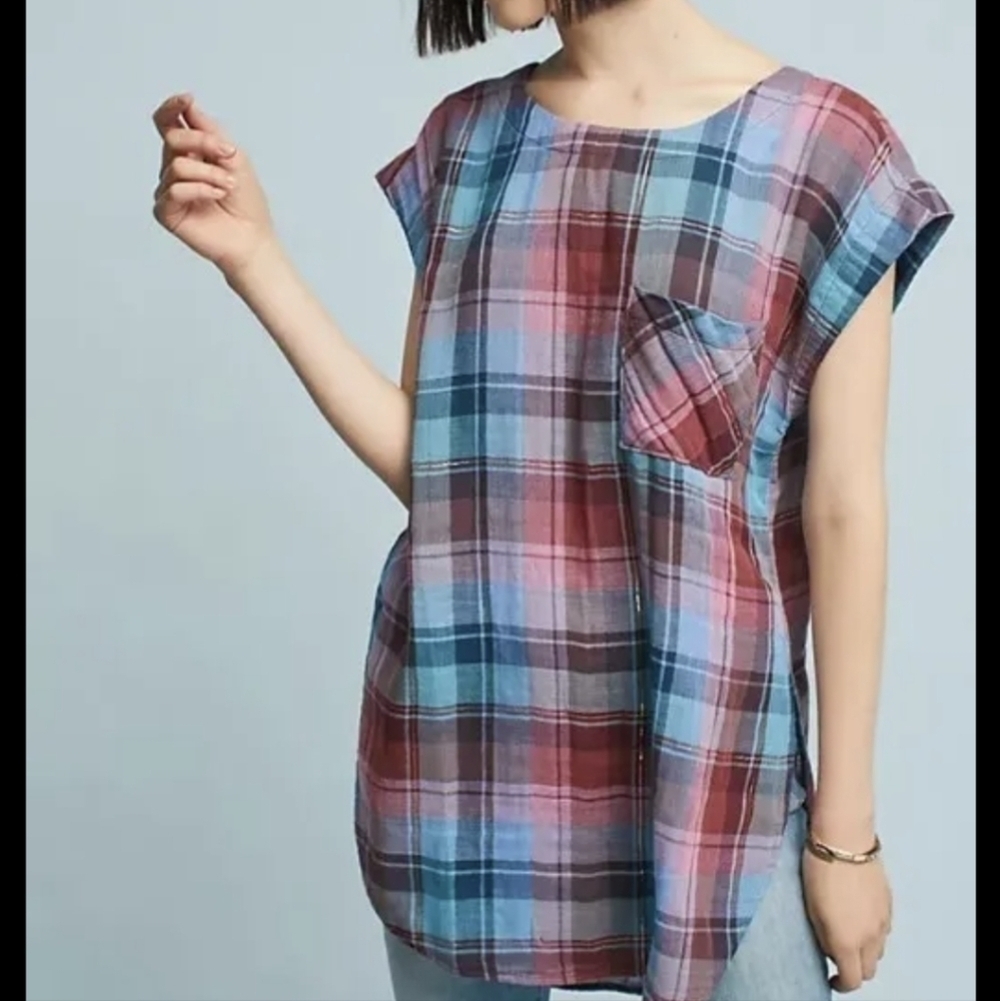 Anthropologie Akemi + Kin Cap Sleeve Plaid Tunic Top - Picture 2 of 9